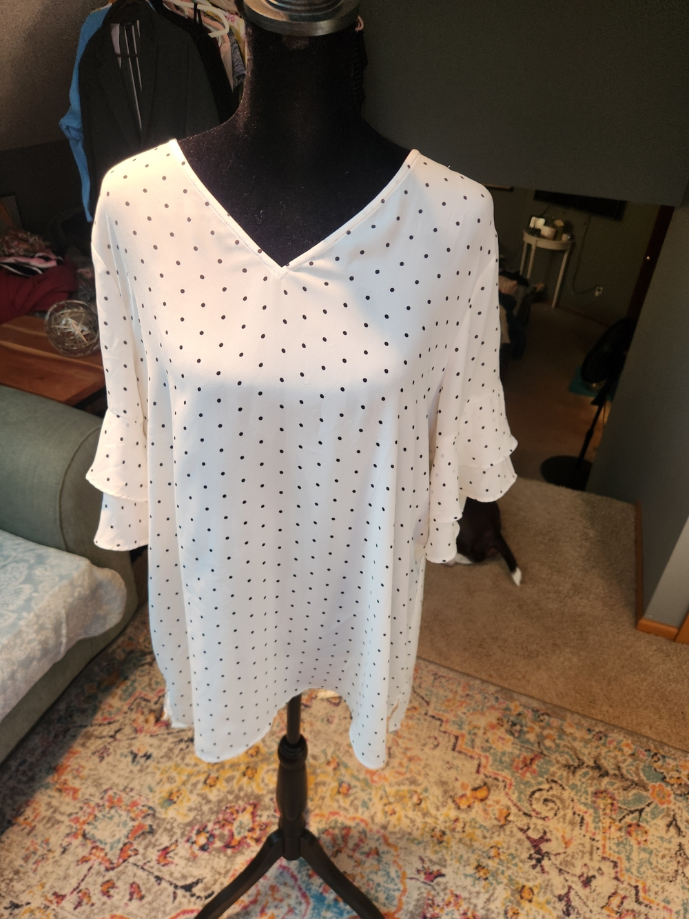 Loft White Polka Dot V-Neck Ruffle Sleeve Top Medium
